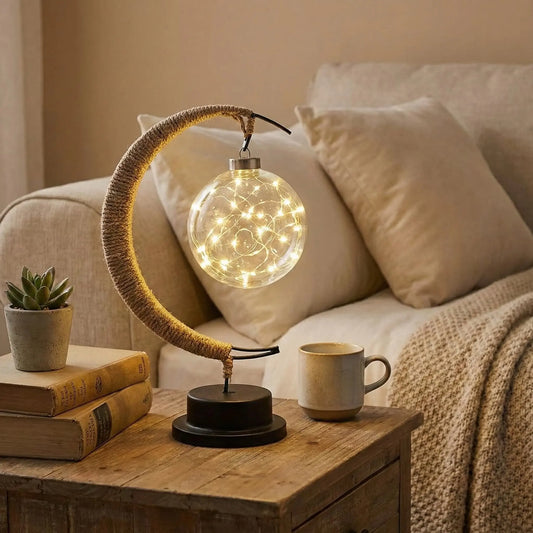 Decorative lamp on a wooden table with books and a mug in a cozy living room setting.