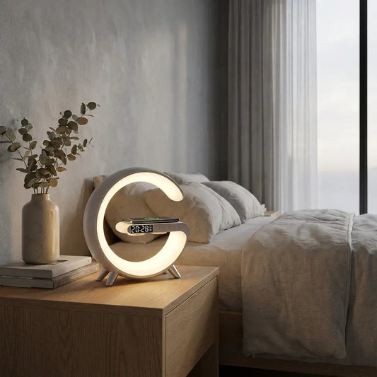 Modern nightstand with a circular LED clock displaying the time.