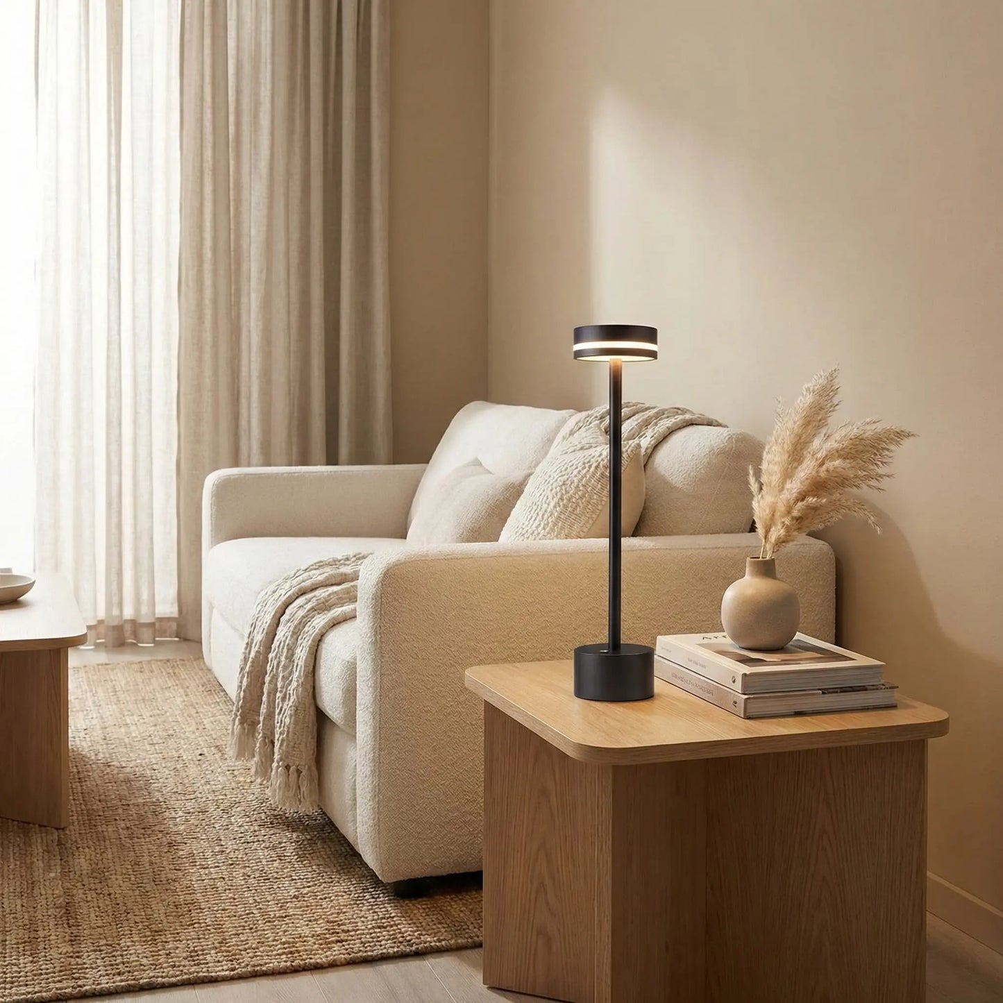 Cozy living room with a beige sofa, wooden side table, and decorative lamp.