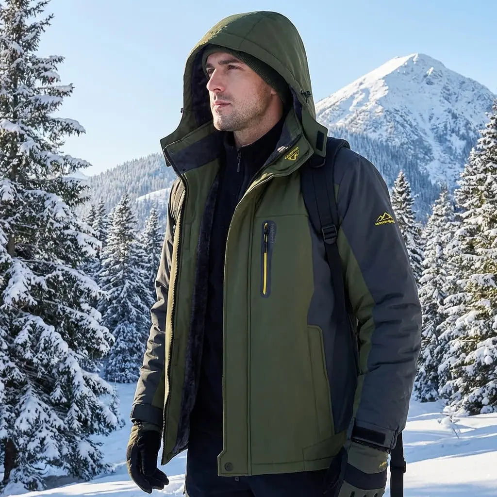Person wearing a green and gray jacket in a snowy mountain landscape