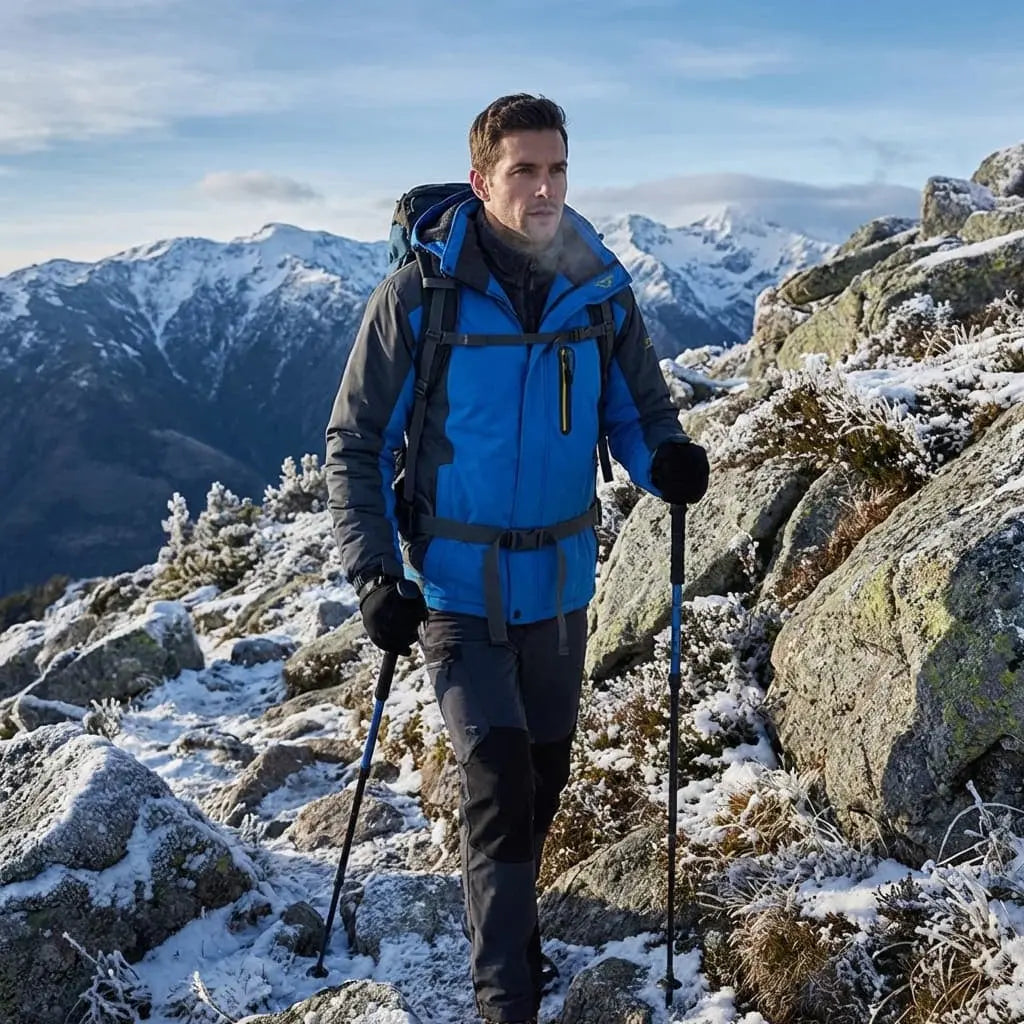 Man hiking on a snowy mountain with backpack and trekking poles