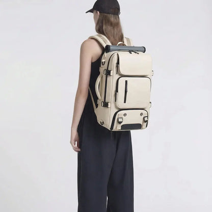Person wearing a beige backpack with a white background
